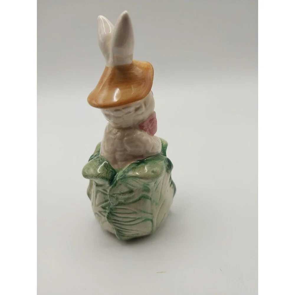 Vintage Ceramic Bunny in Cabbage Figurine - Easter Spring Cottagecore Decor Pink